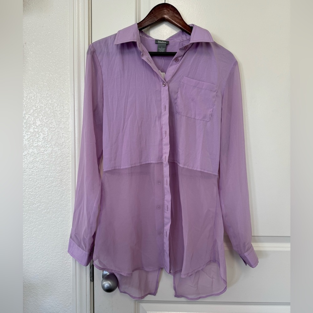 Neiman Marcus Sheer Lavender Button-Up Blouse